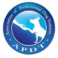 A blue and white logo of the association of professional dog trainers.