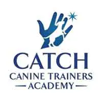 A blue and white logo of catch canine trainers academy